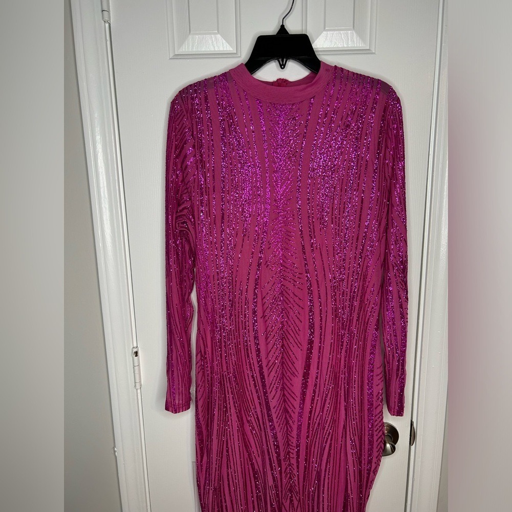Sexy party birthday club pink glitter see through midi dress - Picture 6 of 14